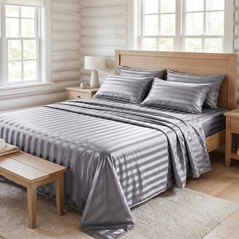 Fitted Sheet Deep - Wrinkle Resistant Striped Satin Bed Sheet